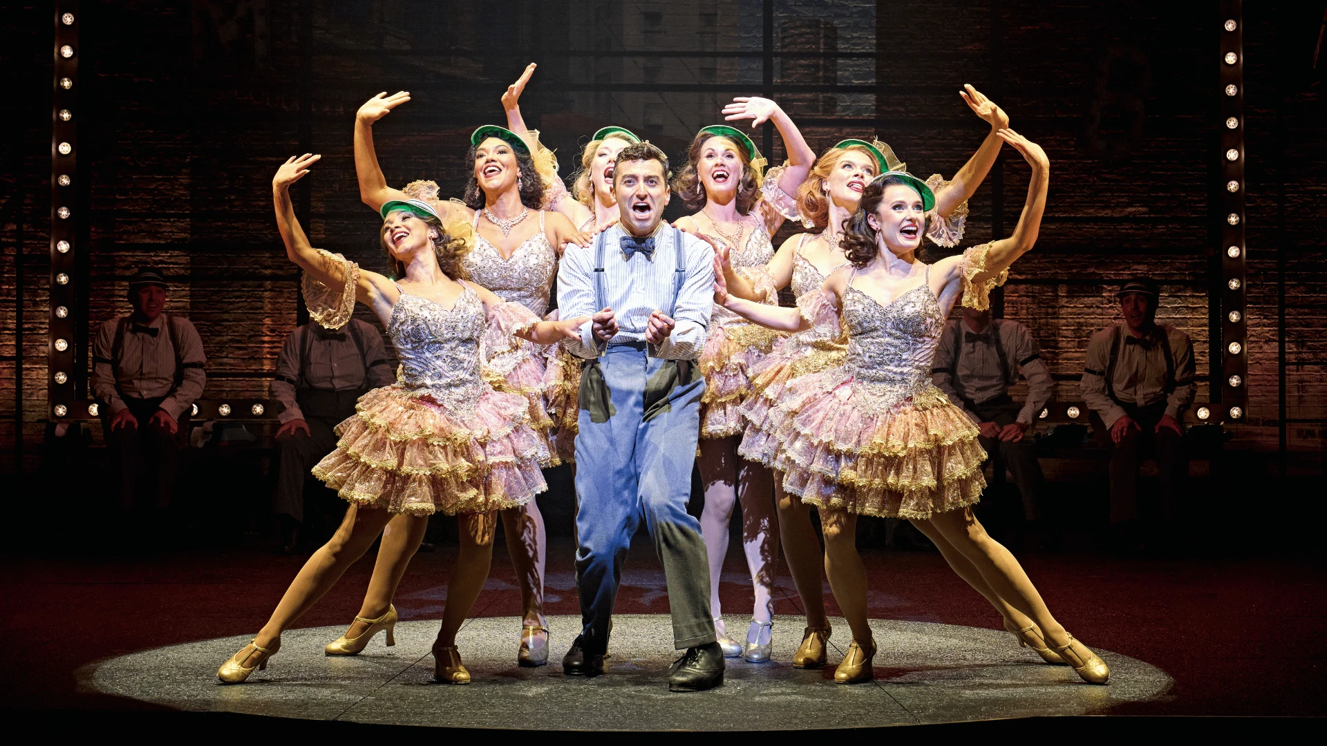 The Producers at London's Garrick Theatre Marc Antolin (Leo Bloom) and the Company of The Producers - credit Manuel Harlan